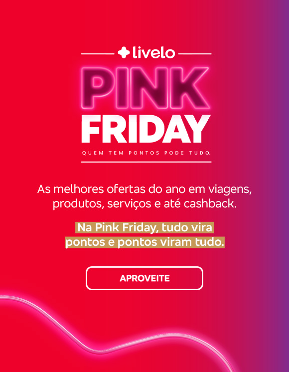 #BradescoAcessível #PraTodoMundoVer: Texto: As melhores ofertas do ano em viagens, produtos, serviços e até cashback.
              Conteúdo: Na Pink Friday, tudo vira pontos e pontos viram tudo. Aproveite.
              Descrição da imagem: À esquerda, há um fundo vermelho escrito Pink Friday e o logo da Livelo. À direita, há a fotografia de uma mulher e um homem sorridentes ao ar livre.