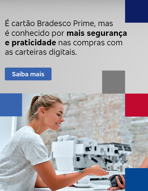 #BradescoAcessível #PraTodoMundoVer Texto: É cartão Bradesco Prime, mas é conhecido por mais segurança e praticidade nas compras com as carteiras digitais. Botão: Saiba mais.Imagem: A imagem é dividida em duas partes. À esquerda, o fundo é cinza com blocos azuis nas laterais. Deste lado está também o texto. À direita, tem a foto de um atendente segurando uma maquininha de pagamento, enquanto a mulher, que está do outro lado do balcão, realiza o pagamento com o celular. Há blocos vermelho e cinza nas laterais.